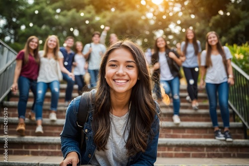 Friends, graduation or excited on campus for photography, support or smile for achievement. Students, class or happy at stairs for event, academic success or taking picture for yearbook or local new