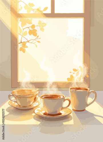 Sunlit Morning Coffee: Three Cups by the Window