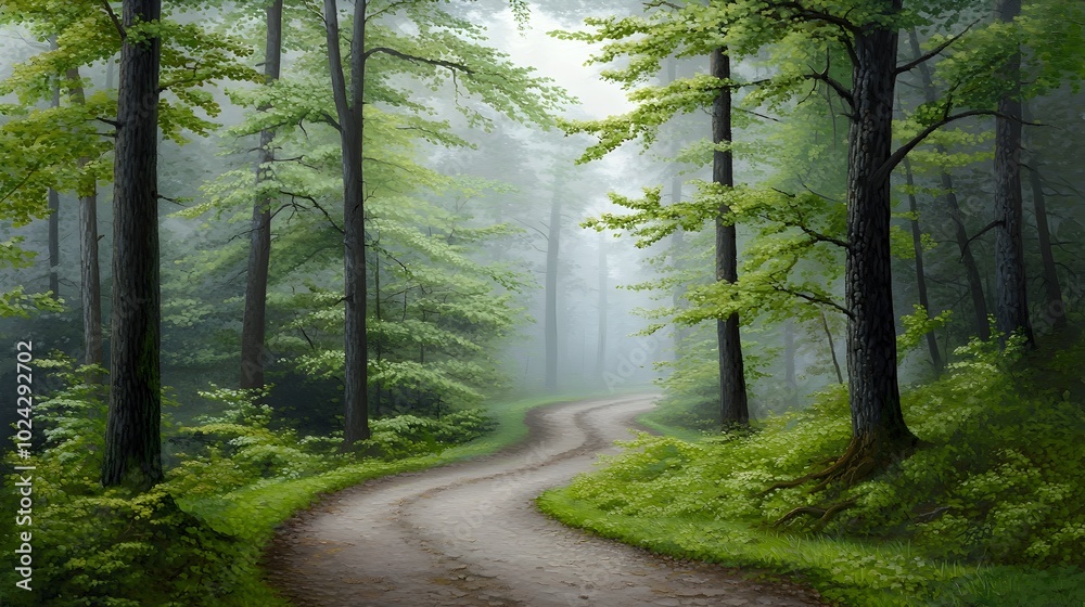 Fototapeta premium Misty forest path leading through a serene and ethereal landscape with soft morning light filtering through the trees creating a peaceful and captivating atmosphere for and contemplation