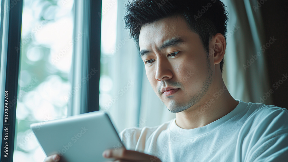 Thoughtful Chinese Man Reading About Testosterone Replacement Therapy on Tablet.