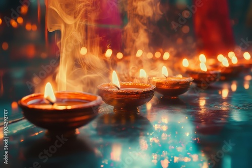 Diwali diyas in double exposure with festival lights