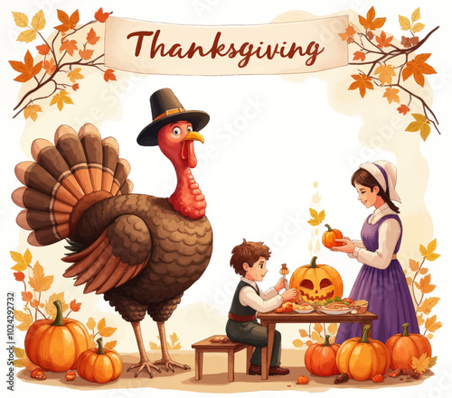 Thanksgiving Celebration with Pilgrims and Turkey