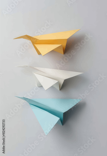 Three Colorful Origami Airplanes Stacked Vertically