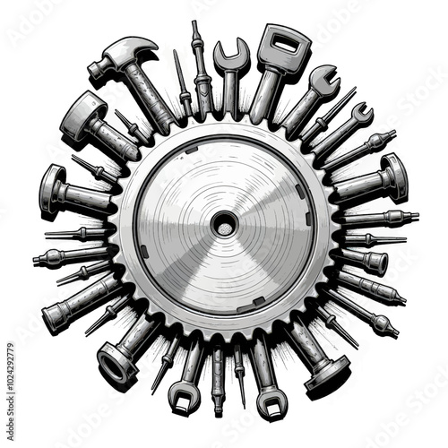 Tool Circle: Central Saw with Surrounding Wrenches and Screwdrivers