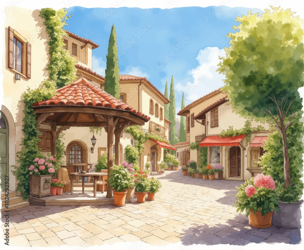 Obraz premium Tuscan Village Courtyard with Gazebo and Flowers