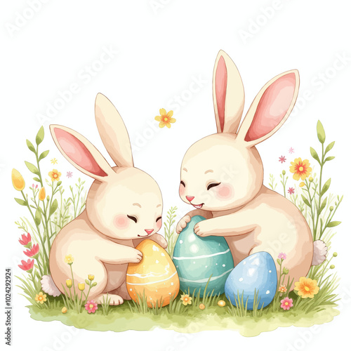 Two Bunnies with Colored Easter Eggs in a Floral Field