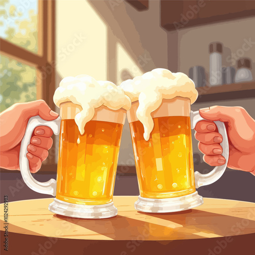 Two hands clinking mugs of frothy beer