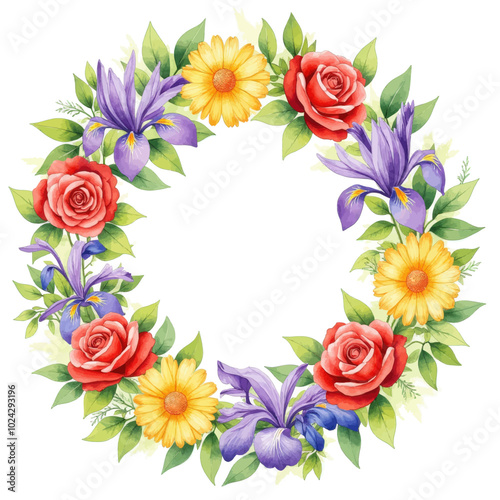 Vibrant Floral Wreath with Roses, Sunflowers, and Irises