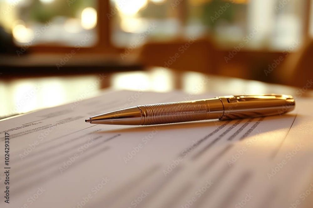 Fototapeta premium pen resting on a document in soft warm light, symbolizing business agreement or contract signing