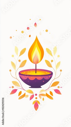 Colorful illustration of a traditional Diwali oil lamp with a glowing flame, surrounded by decorative leaves and abstract elements.