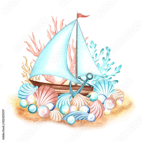 Sailboat with anchor and seashells, coral and pearl on sand. Composition in nautical style. Watercolor hand drawn illustration isolated. Mediterranean and tropical sea theme. Clipart for card, sticker photo