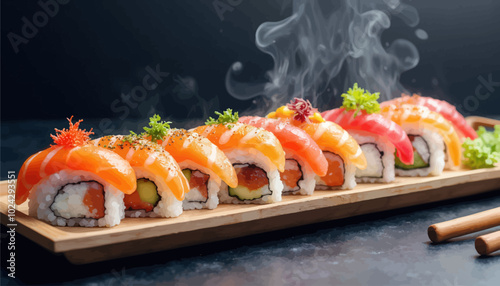 Vibrant Sushi Rolls with Smoking Effect on Dark Background