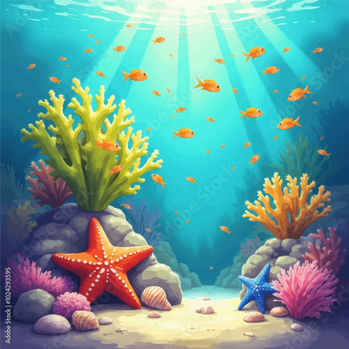Vibrant Underwater Scene with Colorful Fish and Coral