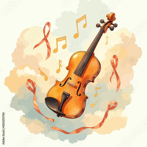 Violin in Clouds with Musical Notes and Ribbons
