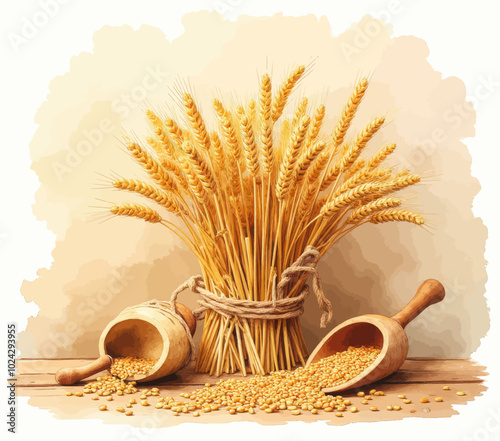 Wheat Sheaf with Wooden Scoops on Rustic Table
