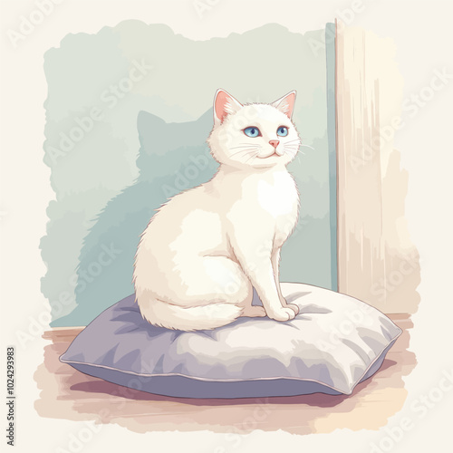 White Cat with Blue Eyes Sitting on Pillow