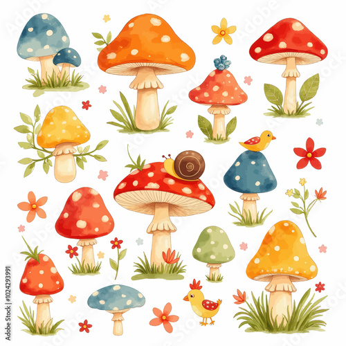 Whimsical Mushrooms with Birds and Insects