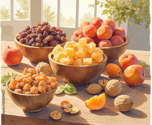 Wooden Bowls with Mixed Nuts, Fruits, and Candied Treats on Table