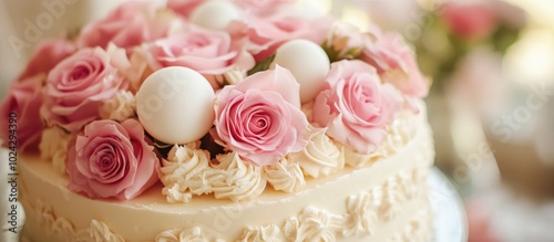 Close Up Beautiful Cake With Sweet White Globes And Pink Roses Flowers