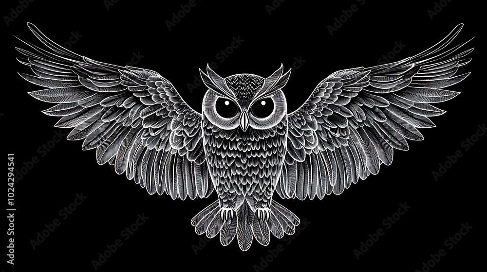 Obraz premium Owl design using only outlines of wings, circular eyes, and beak, no interior details, set against a solid black background. High contrast, sharp lines, flat illustration style, hd quality,