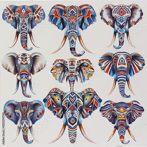 Elephant heads with colorful tribal designs in a layout pattern. photo