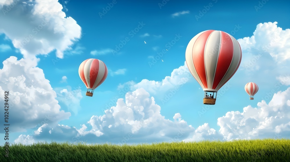 Fototapeta premium Whimsical and colorful hot air balloons gently floating over a serene picturesque countryside landscape An enchanting scene of freedom adventure and the power of imagination