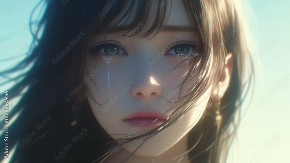 Naklejka premium 涙を流すリアルアニメ調の美少女