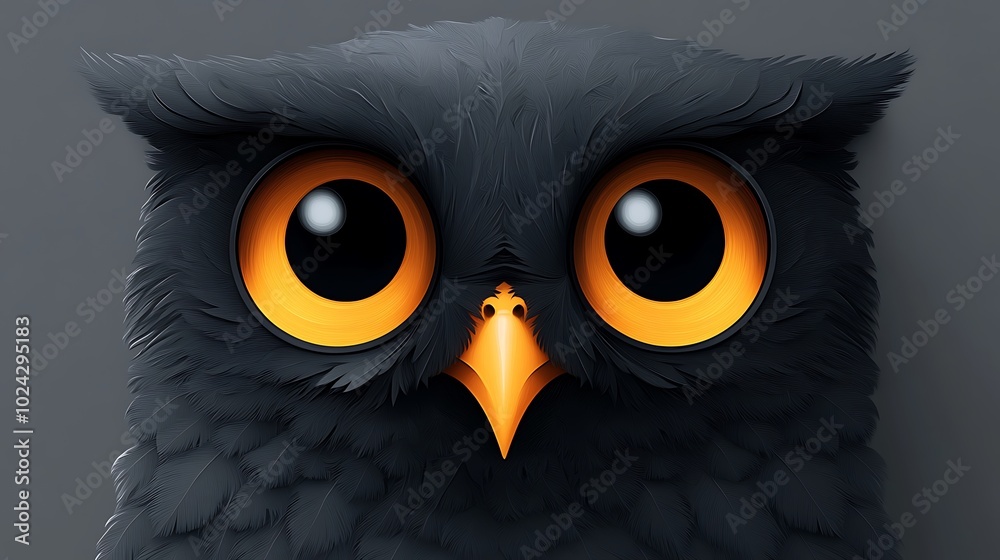 Fototapeta premium Owl face made from only two large circular eyes and a small triangular beak, no additional features, set against a solid grey background. Clean and simple layout, flat colors, hd quality,