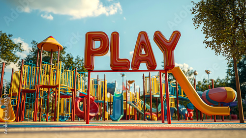 Wallpaper Mural 3D "PLAY" Letters Surrounded by Colorful Playground Equipment. Torontodigital.ca