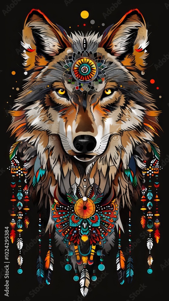 Fototapeta Flat lay of a wolf head with colorful tribal ornaments.