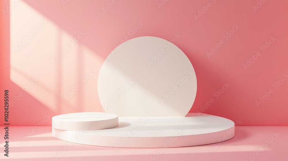 Abstract geometric shapes with white and pink podiums on a pink background for product display Minimalist concept 3D rendering Abstract geometric shapes with white and pink podiums on a pink background for product display Minimalist concept 3D rendering