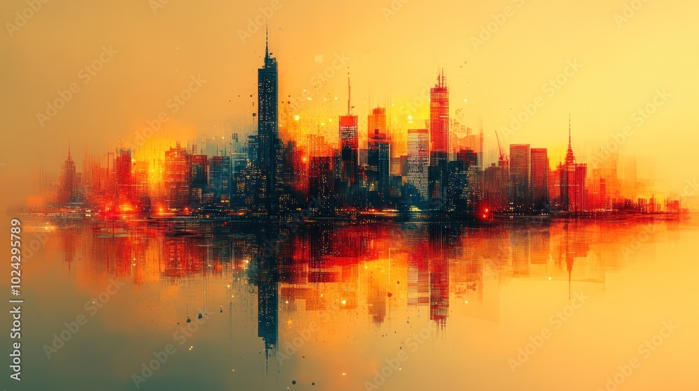 Naklejka premium A watercolor-style cityscape with a warm sunrise reflected in the water.