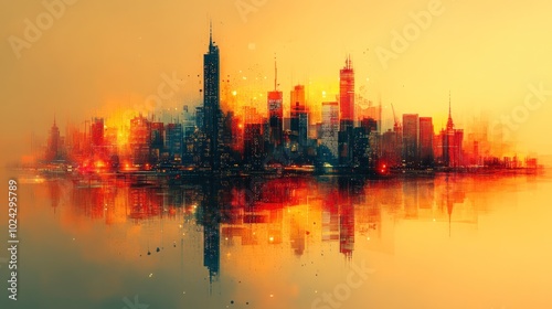 A watercolor-style cityscape with a warm sunrise reflected in the water.