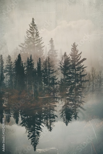 Serene misty forest with tall pine trees reflected in a calm lake, creating a tranquil and mysterious atmosphere.