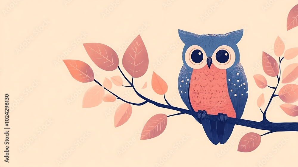 Owl illustration composed of negative space and basic shapes, perched on a straight branch, set against a soft pastel background. Clean composition, no additional textures, flat colors, hd quality, Owl illustration composed of negative space and basic shapes, perched on a straight branch, set against a soft pastel background. Clean composition, no additional textures, flat colors, hd quality,