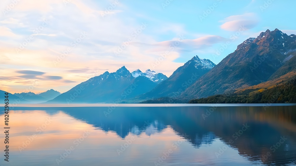 Fototapeta premium A serene mountain lake with soft pastel colored skies and gentle waves lapping at the shore creating a peaceful and calming natural landscape