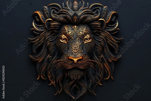 Lion head with detailed tribal ornaments depicted realistically.