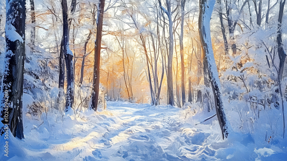 Sunlight breaks through snow-covered trees during the winter solstice in a tranquil forest Sunlight breaks through snow-covered trees during the winter solstice in a tranquil forest