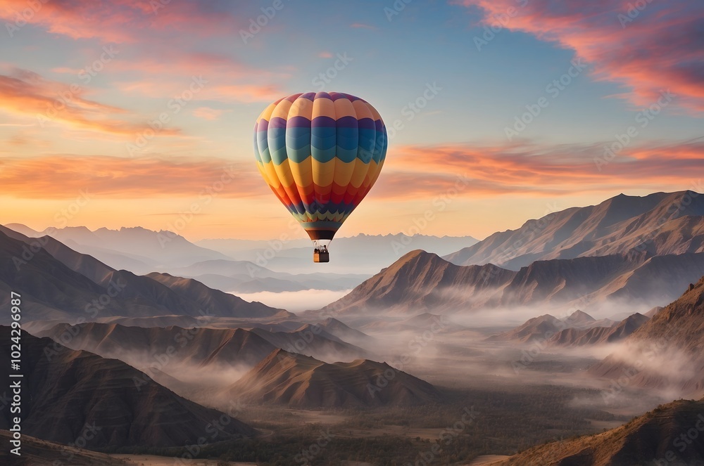 Fototapeta premium Colorful Hot Air Balloon Soaring Over Misty Mountains at Sunrise