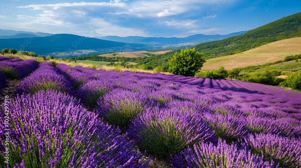 Naklejka premium Breathtaking aerial view of a vast lavender field in full bloom creating a serene and tranquil landscape with its vibrant purple hues and rolling hills