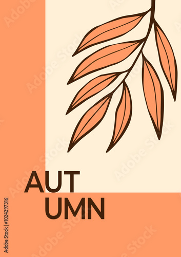 Fall Autumn modern poster with trendy font. Card with willow branch in hand drawn style. Minimalist Vector flyer for advertising, marketing, sales, social media, web.
