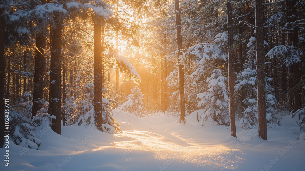 Winter solstice in a snowy forest with sun rays piercing through the trees at dusk