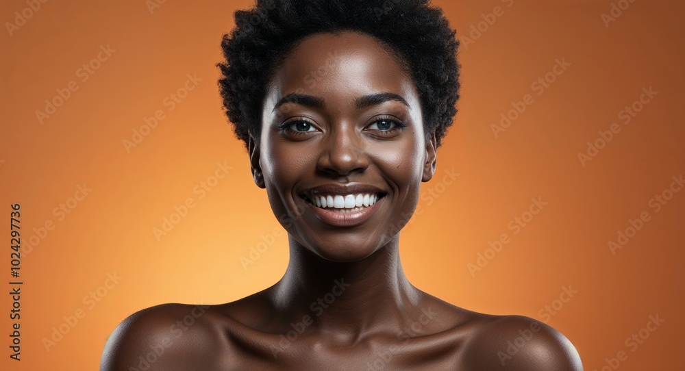 Black woman with deep set eyes and short natural hair smirking orange gradient background Black woman with deep set eyes and short natural hair smirking orange gradient background