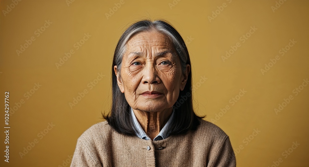 Elderly Asian woman with deep wrinkles and straight gray hair neutral face warm yellow background Elderly Asian woman with deep wrinkles and straight gray hair neutral face warm yellow background