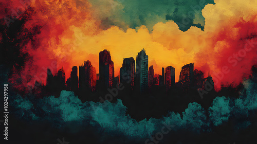 Wallpaper Mural A surreal illustration of a city skyline silhouetted against a fiery red and orange sky, with dark blue and black clouds adding an ominous tone. Torontodigital.ca