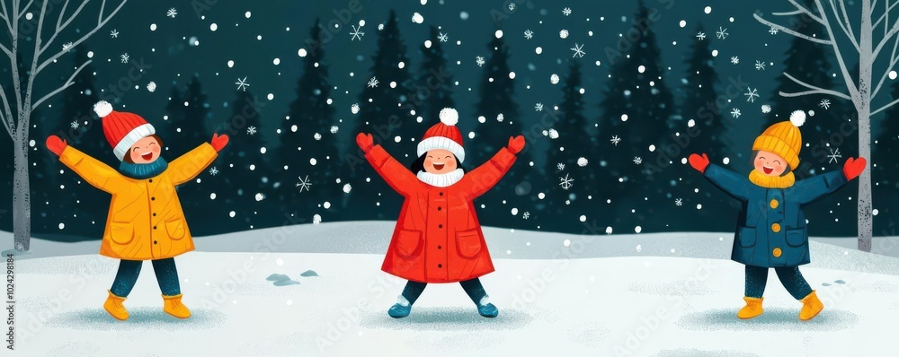 Merry Christmas 2025, joyful children playing in the snow, happiness and laughter, flat design illustration Merry Christmas 2025, joyful children playing in the snow, happiness and laughter, flat design illustration