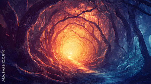 A surreal illustration of a mystical forest tunnel with twisted trees arching overhead, leading towards a bright glowing light at the end.
