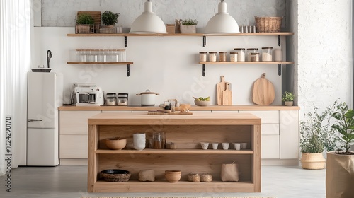 A Scandinavian kitchen with a wooden island, minimalist open shelving, and neutral decor