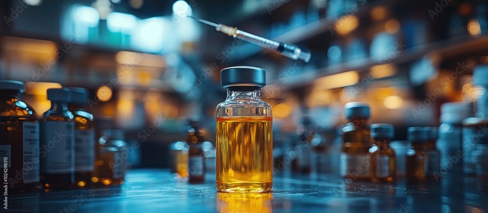 A single glass vial with amber liquid sits in the center of a table with a syringe hovering above, in a sterile lab setting. A single glass vial with amber liquid sits in the center of a table with a syringe hovering above, in a sterile lab setting.