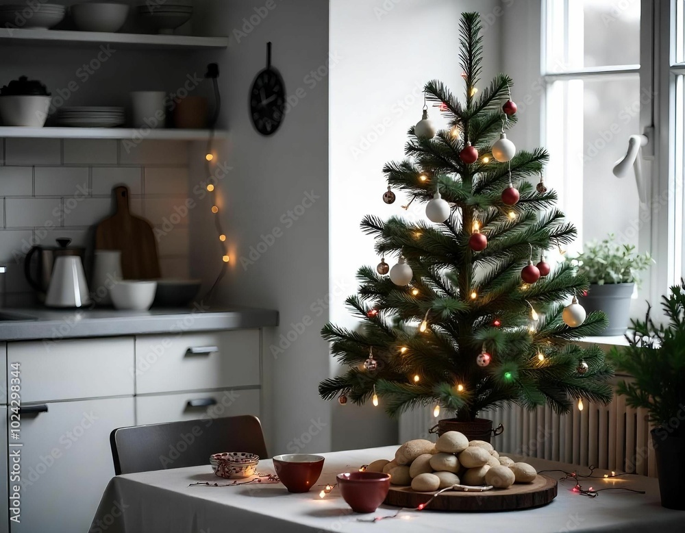 A decorated Christmas tree in a modern kitchen with white cabinets and wooden countertops, floor wooden, lights A decorated Christmas tree in a modern kitchen with white cabinets and wooden countertops, floor wooden, lights